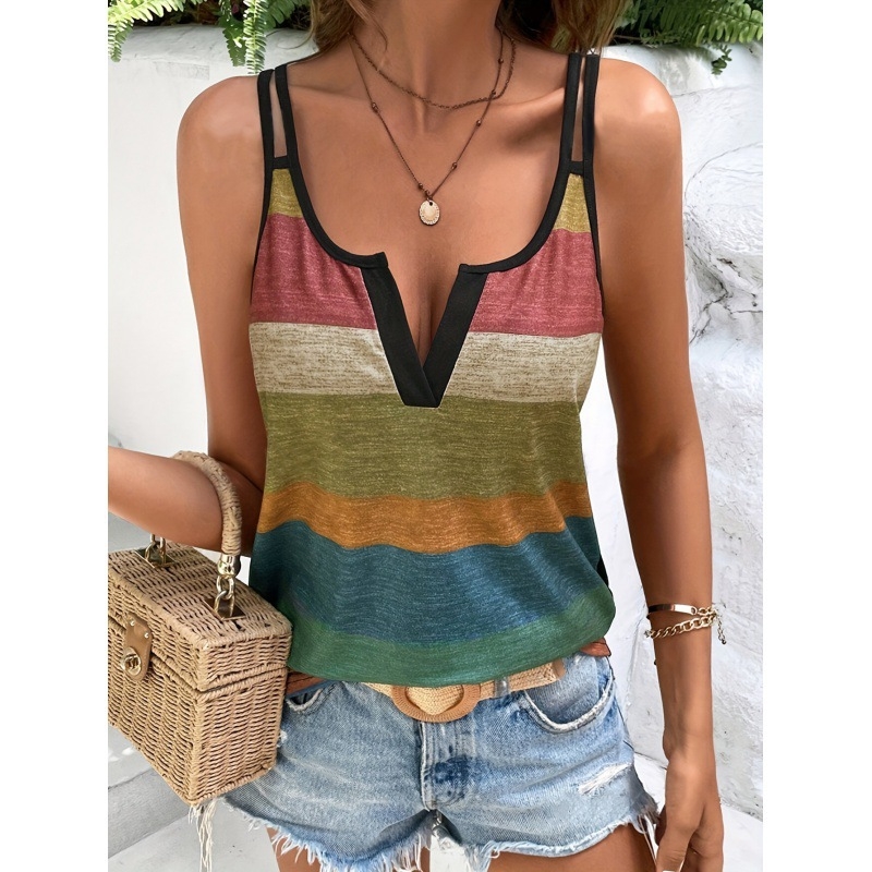 Határokon átnyúló Amazon európai és amerikai ruházati csíkos nyomtatású V-nyakú pulóver elegáns stílusú ujjatlan trikó karcsúsító szexi