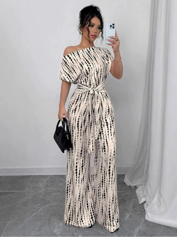 Amazon Aliexpress Ευρωπαϊκή και Αμερικανική Ριγέ Ολόσωμη Φόρμα 2025 Καλοκαιρινές Διακοπές Στυλ 2025 Ολόσωμη Φόρμα με Δέσιμο και Έξω τους Ώμους, Φαρδιά Μακριά στο Πόδι