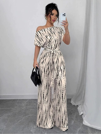 Amazon Aliexpress Ευρωπαϊκή και Αμερικανική Ριγέ Ολόσωμη Φόρμα 2025 Καλοκαιρινές Διακοπές Στυλ 2025 Ολόσωμη Φόρμα με Δέσιμο και Έξω τους Ώμους, Φαρδιά Μακριά στο Πόδι