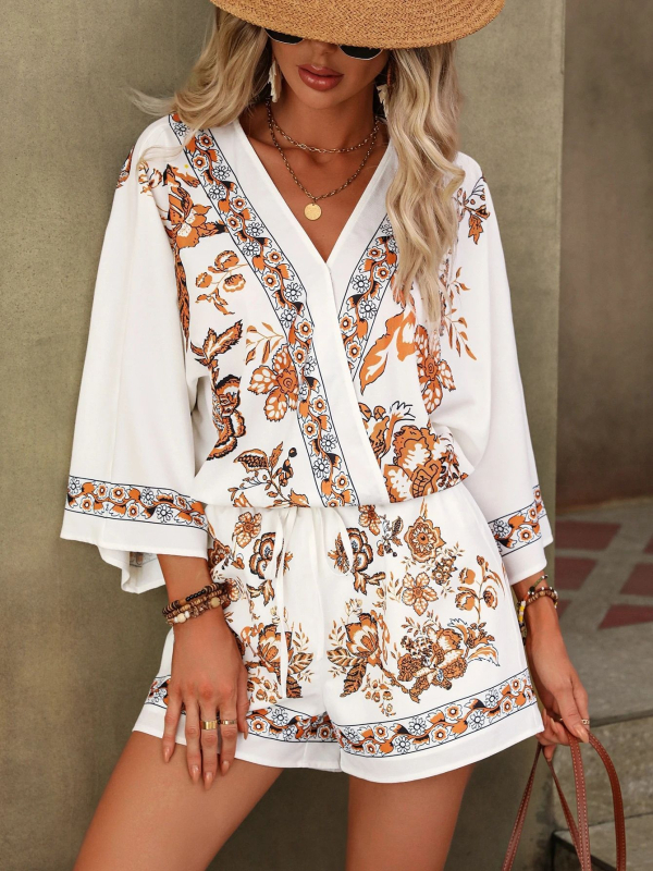 Amazon határokon átnyúló nyári új európai és amerikai női elegáns nyomtatott V-nyakú, denevérujjas és húzózsinóros rövidnadrág