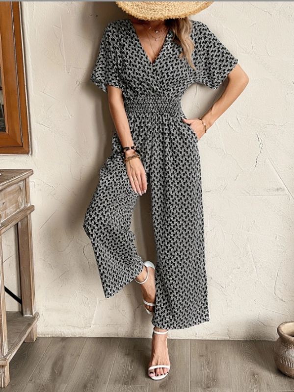 2025 Határokon átnyúló külkereskedelem Európai és amerikai új nyári egyszínű rövid ujjú hosszú nadrág V-nyakú szexi karcsúsító overál ingázó női ruházat