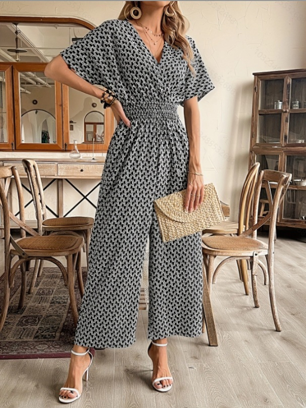 2025 Határokon átnyúló külkereskedelem Európai és amerikai új nyári egyszínű rövid ujjú hosszú nadrág V-nyakú szexi karcsúsító overál ingázó női ruházat