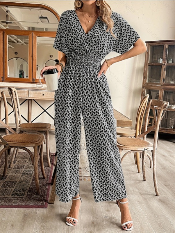 2025 Határokon átnyúló külkereskedelem Európai és amerikai új nyári egyszínű rövid ujjú hosszú nadrág V-nyakú szexi karcsúsító overál ingázó női ruházat