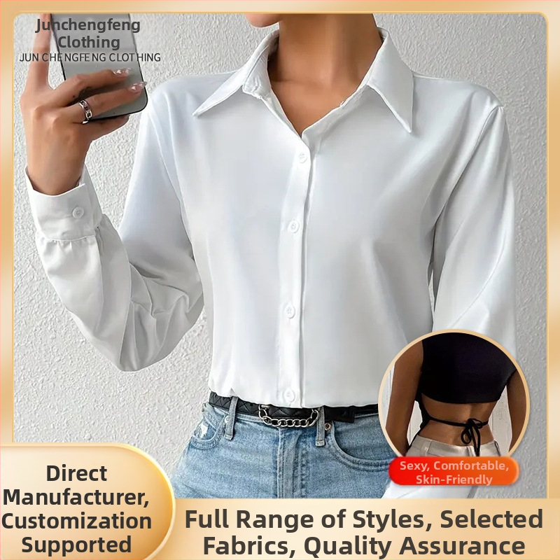 Európai és amerikai népszerű női ruházat, karcsú, hosszú ujjú, gombos felsők hajtókával, utcai sokoldalú alsó pólók nagykereskedelemben