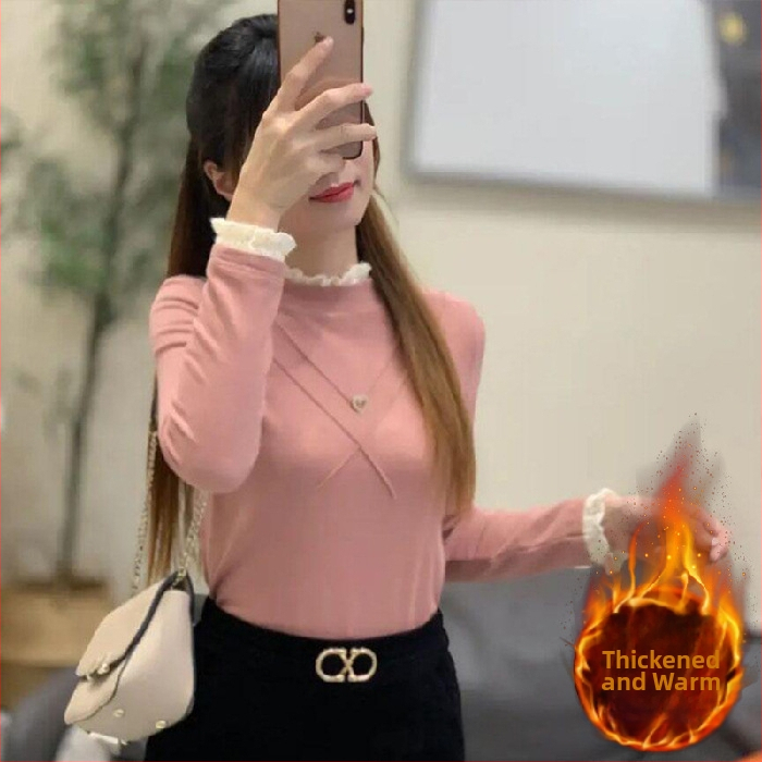 Nėriniuotų dvipusių aksominių marškinių su puse aukšto apykaklės apačia karta, sustorinta nauja žieminė plona plius dydžio striukė, urmu