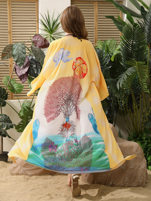 Euroopa ja Ameerika tuulega polüesterprindiga pikk päikesekaitsekardigan ujumistrikoo bikiinipluusiga naiste puhkuserandmantel