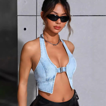 Amazon Cross-Border Fashion Σέξι πλυμένο τζιν με τρύπα στην πλάτη και λαιμόκοψη Σέξι καυτό τζιν τοπ με κοριτσίστικο σχέδιο