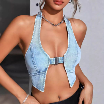 Amazon Cross-Border Fashion Σέξι πλυμένο τζιν με τρύπα στην πλάτη και λαιμόκοψη Σέξι καυτό τζιν τοπ με κοριτσίστικο σχέδιο