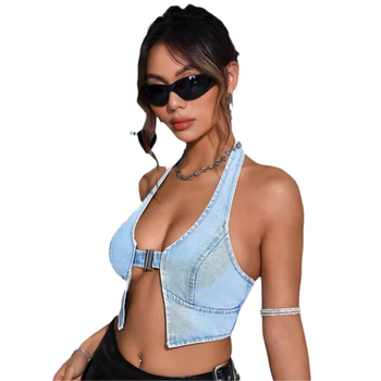 Amazon Cross-Border Fashion Σέξι πλυμένο τζιν με τρύπα στην πλάτη και λαιμόκοψη Σέξι καυτό τζιν τοπ με κοριτσίστικο σχέδιο