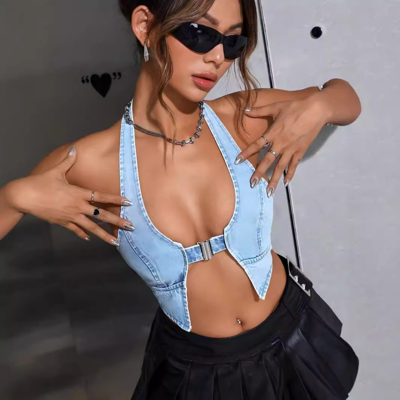 Amazon határokon átnyúló divat szexi mosott farmer szivárgó hátú pántnélküli szexi dögös lány farmer felső