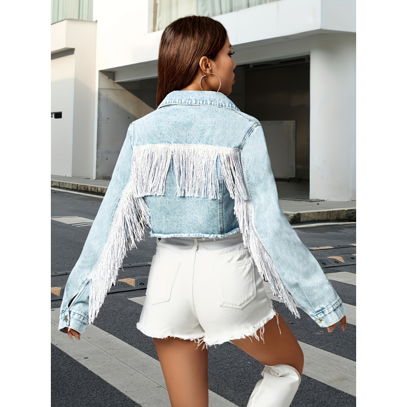 Tavaszi és őszi felsők, új, divatos, sokoldalú, bojtos, varrásos, kopott farmerdzseki, női, trendi