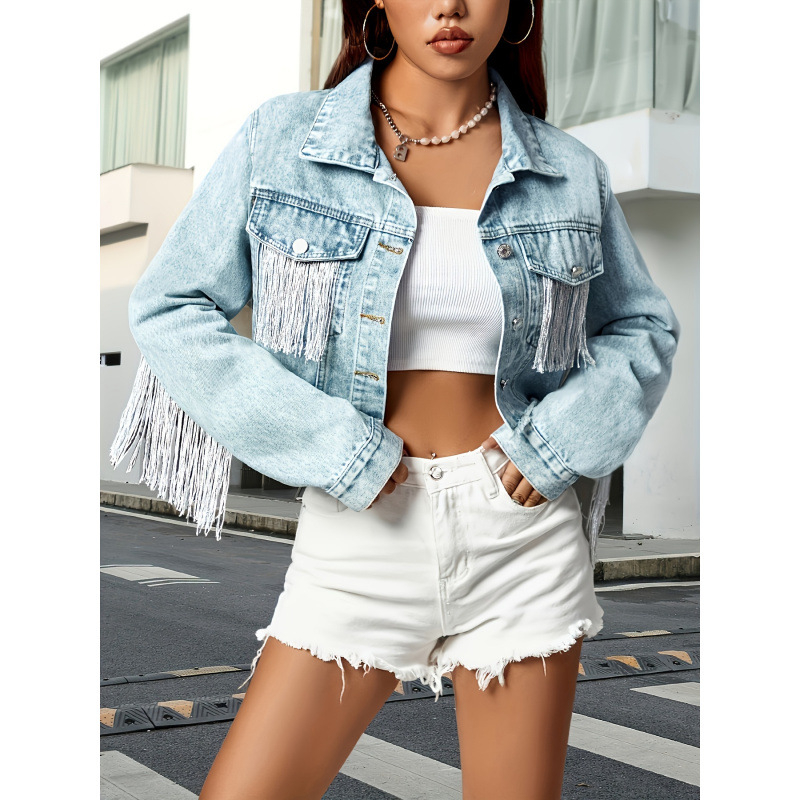 Tavaszi és őszi felsők, új, divatos, sokoldalú, bojtos, varrásos, kopott farmerdzseki, női, trendi