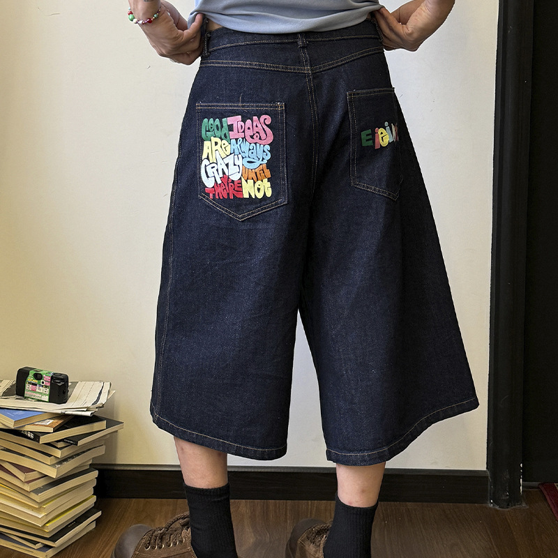 Határokon átnyúló exkluzív nyári divatos márka színes betűmintás rövidnadrág férfi egyenes szabású lezser laza farmer rövidnadrág divatos