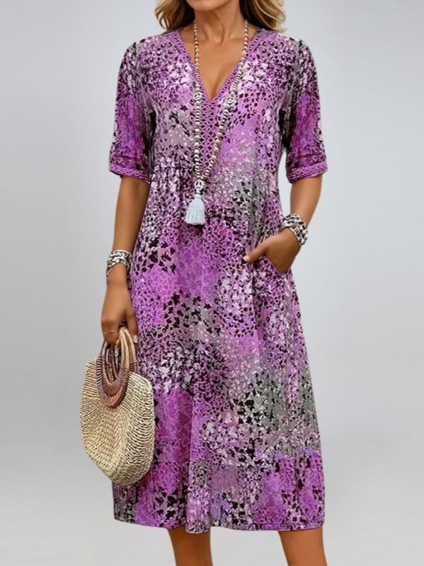 Amazon 2025 európai és amerikai stílusú nyomtatott nyári V-nyakú vakációs ruha zsebekkel, otthoni viselet, export női kényelmes hétköznapi viselet