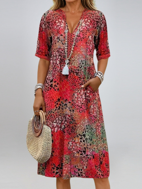 Amazon 2025 európai és amerikai stílusú nyomtatott nyári V-nyakú vakációs ruha zsebekkel, otthoni viselet, export női kényelmes hétköznapi viselet