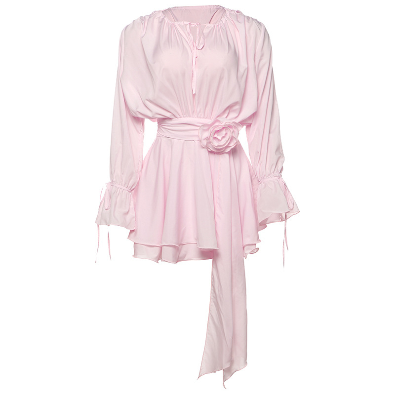 Európai és amerikai 2025-ös új nyári női tiszta színű szexi kerek nyakú, fűzős, virágdíszes, trombita ujjú, csípőre ölelő ruha