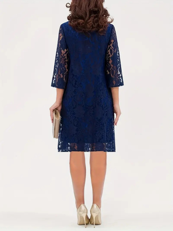 Amazon Cross-Border Elegant Navy Blue Δαντελένια Φούστα Μεσαίου Μήκους Γυναικείο Φόρεμα με Δαντέλα και Μανίκια Three Quarter Version