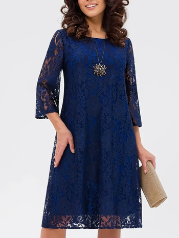 Amazon Cross-Border Elegant Navy Blue Δαντελένια Φούστα Μεσαίου Μήκους Γυναικείο Φόρεμα με Δαντέλα και Μανίκια Three Quarter Version