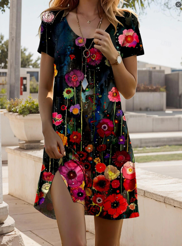 Új indiai tollmintás, kerek nyakú, rövid ujjú, európai és amerikai határokon átnyúló exportú női ruha