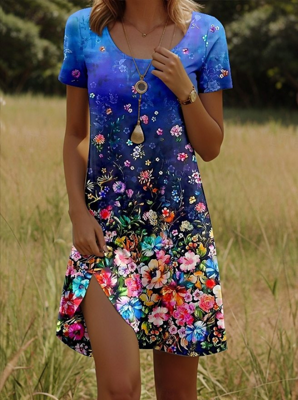 Új indiai tollmintás, kerek nyakú, rövid ujjú, európai és amerikai határokon átnyúló exportú női ruha