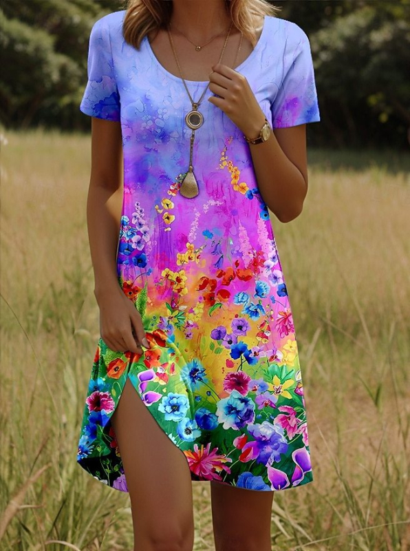 Új indiai tollmintás, kerek nyakú, rövid ujjú, európai és amerikai határokon átnyúló exportú női ruha