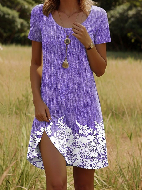 Új indiai tollmintás, kerek nyakú, rövid ujjú, európai és amerikai határokon átnyúló exportú női ruha