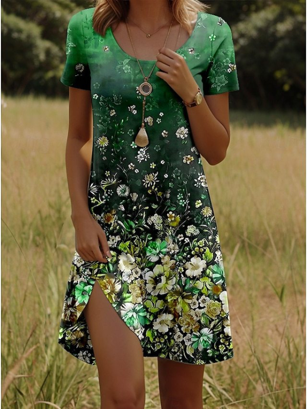 Új indiai tollmintás, kerek nyakú, rövid ujjú, európai és amerikai határokon átnyúló exportú női ruha