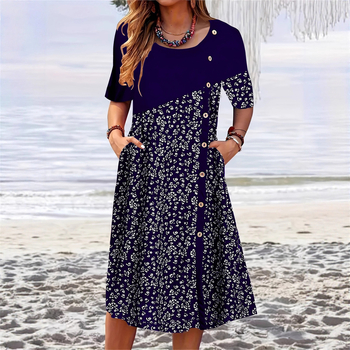 Κομψό γυναικείο φόρεμα με στρογγυλή λαιμόκοψη, κοντό μανίκι και τυπωμένα κουμπιά στην τσέπη για άνοιξη και καλοκαίρι 2025