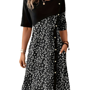 Κομψό γυναικείο φόρεμα με στρογγυλή λαιμόκοψη, κοντό μανίκι και τυπωμένα κουμπιά στην τσέπη για άνοιξη και καλοκαίρι 2025