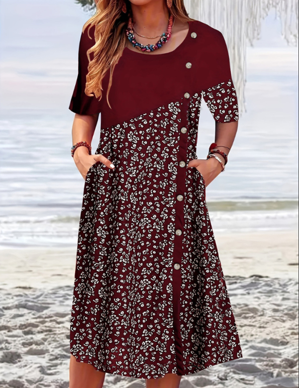 2025 tavaszi és nyári kerek nyakú, rövid ujjú, elegáns női divatos, nyomtatott, zsebgombos ruha