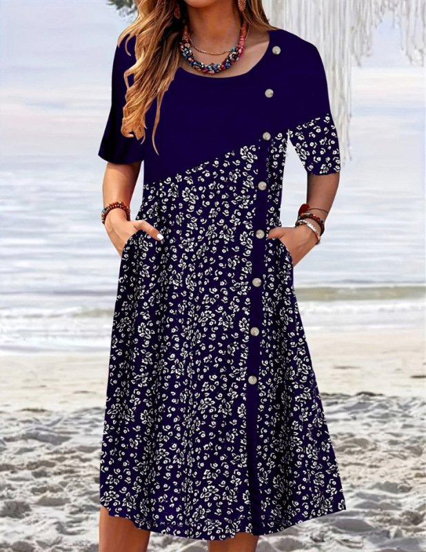 2025 tavaszi és nyári kerek nyakú, rövid ujjú, elegáns női divatos, nyomtatott, zsebgombos ruha