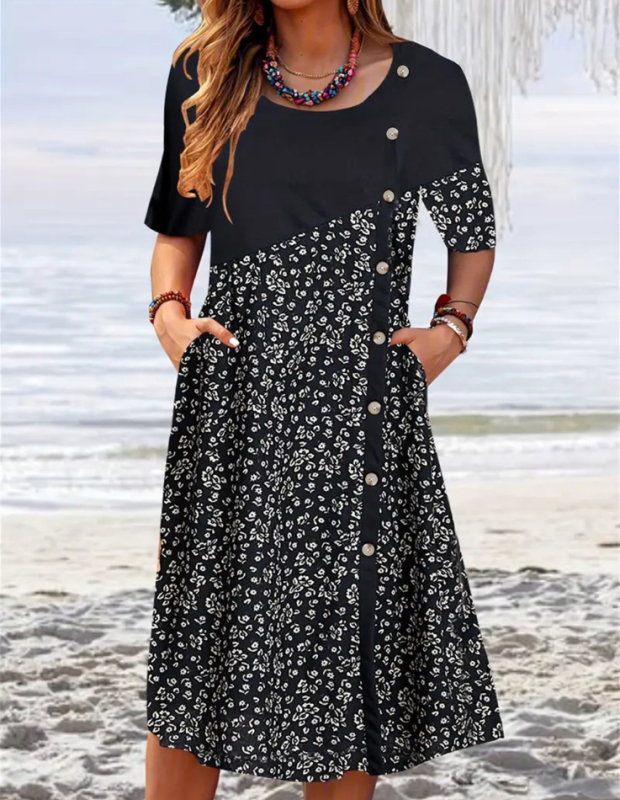 2025 tavaszi és nyári kerek nyakú, rövid ujjú, elegáns női divatos, nyomtatott, zsebgombos ruha