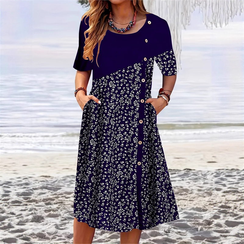 2025 tavaszi és nyári kerek nyakú, rövid ujjú, elegáns női divatos, nyomtatott, zsebgombos ruha