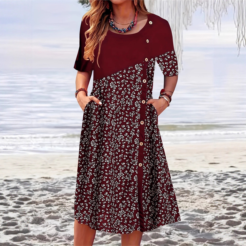 2025 tavaszi és nyári kerek nyakú, rövid ujjú, elegáns női divatos, nyomtatott, zsebgombos ruha