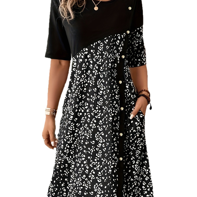 2025 tavaszi és nyári kerek nyakú, rövid ujjú, elegáns női divatos, nyomtatott, zsebgombos ruha