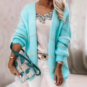 Csíkos, kontrasztos színű, bolyhos, lusta fazonú, kötött női pulóver, karcsúsító, divatos és sokoldalú hosszú ujjú