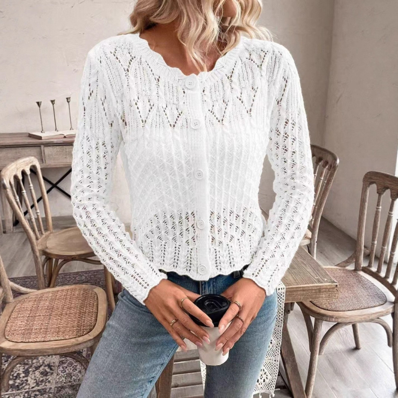 Határokon átnyúló új termékek Európai és amerikai népszerű pulóverek Női könnyű, hosszú ujjú, virágmintás, csipkés kardigánok Őszi és nyári lezser pulóverek