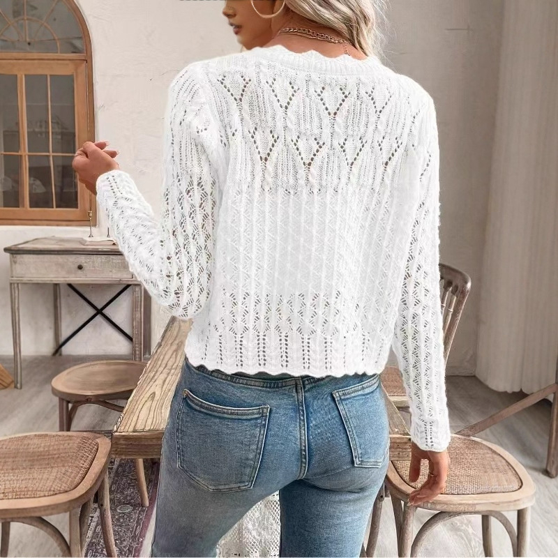 Határokon átnyúló új termékek Európai és amerikai népszerű pulóverek Női könnyű, hosszú ujjú, virágmintás, csipkés kardigánok Őszi és nyári lezser pulóverek
