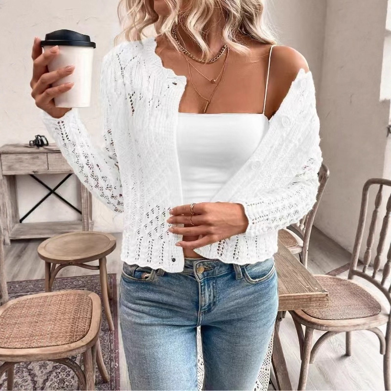 Határokon átnyúló új termékek Európai és amerikai népszerű pulóverek Női könnyű, hosszú ujjú, virágmintás, csipkés kardigánok Őszi és nyári lezser pulóverek