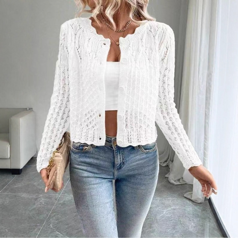 Határokon átnyúló új termékek Európai és amerikai népszerű pulóverek Női könnyű, hosszú ujjú, virágmintás, csipkés kardigánok Őszi és nyári lezser pulóverek