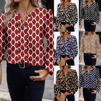 Európai és amerikai határokon átnyúló Amazon Független Állomás Női 2024 Hosszú Ujjú Ing V-nyakú Divat Elegáns Ing Mintás Felső