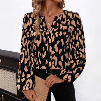 Európai és amerikai határokon átnyúló Amazon Független Állomás Női 2024 Hosszú Ujjú Ing V-nyakú Divat Elegáns Ing Mintás Felső