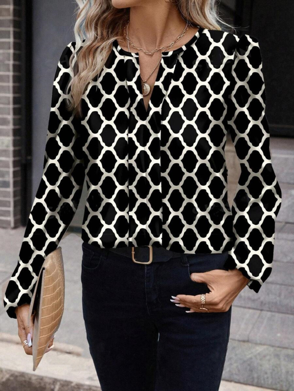 Európai és amerikai határokon átnyúló Amazon Független Állomás Női 2024 Hosszú Ujjú Ing V-nyakú Divat Elegáns Ing Mintás Felső