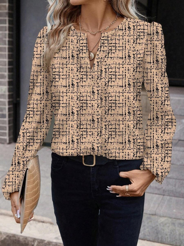 Európai és amerikai határokon átnyúló Amazon Független Állomás Női 2024 Hosszú Ujjú Ing V-nyakú Divat Elegáns Ing Mintás Felső