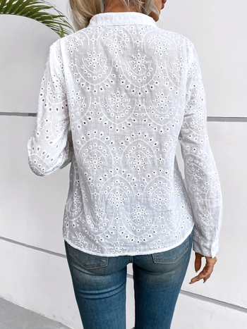 2025-ös, határokon átnyúló, független Temu állomás, európai és amerikai, V-nyakú, lezser hímzésű, hosszú ujjú, fehér, divatos, egyszínű felső, női