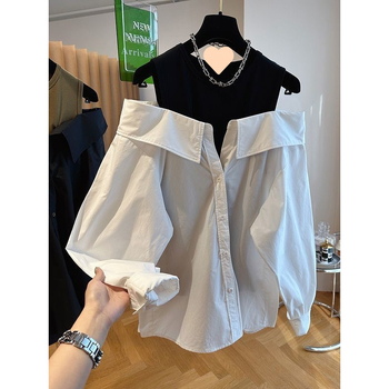 Нови дамски топове с открити рамене за сезон 2025, отслабващи, свободни и покриващи плътта потници, дълги ръкави със снопчета, свежи и сладки топове