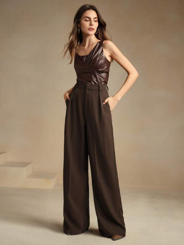 Új, barna, bő szárú, lezser, karcsúsító, egyenes szabású, magas derekú nadrág