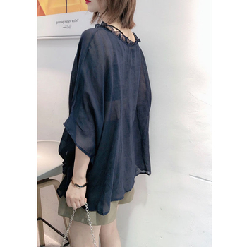 Европейска гара Лято 2023 Ежедневна европейска ленена риза с ръкав „прилеп“ за жени Летен корейски свободен топ