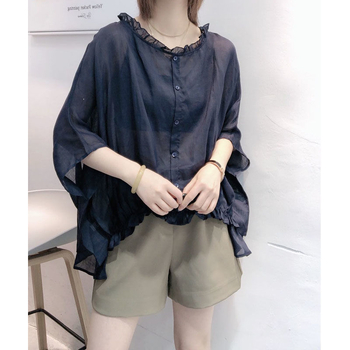 Европейска гара Лято 2023 Ежедневна европейска ленена риза с ръкав „прилеп“ за жени Летен корейски свободен топ