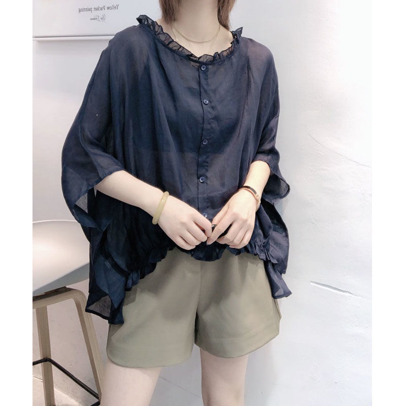 European Station 2023 Nyári Lezser Európai Denevérszárnyú Ujjú Lenvászon Ing Női Nyári Koreai Laza Felső Női